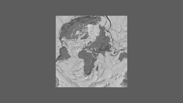 Square frame of the large-scale map of the world in an oblique Van der Grinten projection centered on the territory of Cyprus. Bilevel elevation map