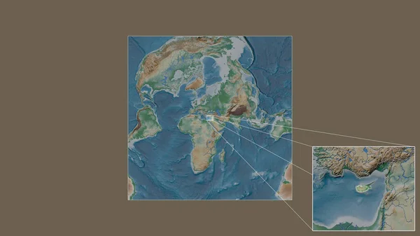 世界の大規模な地図から抽出されたキプロスの拡大および拡大領域と フレームの隅を結ぶ主要な線 地図の色 — ストック写真