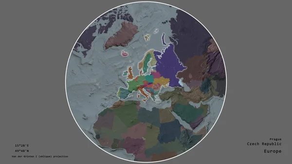チェコ共和国の領域は その大陸を取り巻く円を背景にしています 与えられた資本金の地理的条件と名前 行政庁のカラーマップ — ストック写真