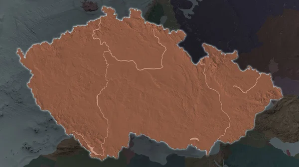 Czech Republic area enlarged and glowed on a darkened background of its surroundings. Colored and bumped map of the administrative division