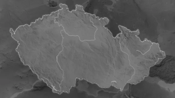 捷克共和国的面积扩大了 在其周围环境暗淡的背景下闪闪发亮 灰度隆起地图 — 图库照片