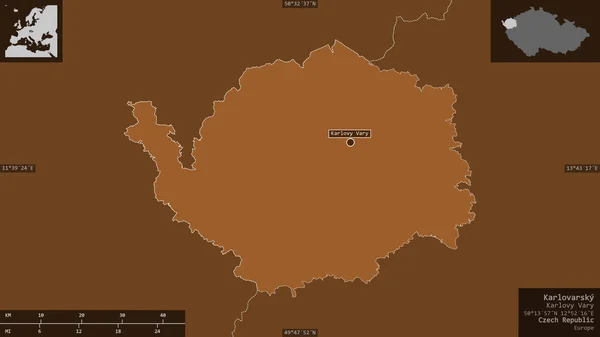 捷克共和国Karlovarsky地区 有湖泊和河流的花纹固体 以信息覆盖的形式呈现在其国家区域上 3D渲染 — 图库照片