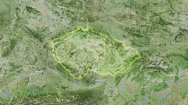 衛星Dマップ上のチェコ共和国領域の立体投影 光輝く輪郭を持つラスター層の生の組成 — ストック写真