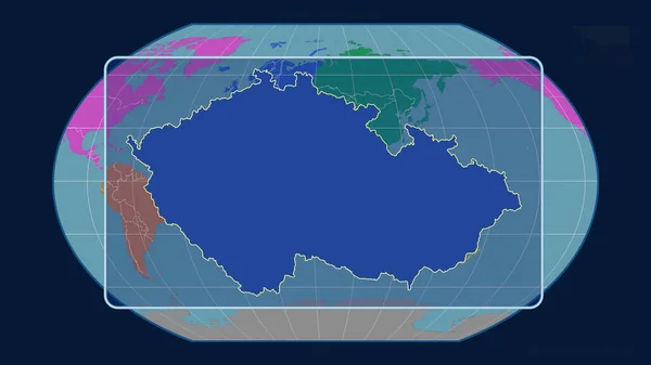 チェコ共和国のアウトラインを視野に入れ 世界地図に対する視点線をカヴァライスキーの投影で拡大しました 形を中心に 大陸のカラーマップ — ストック写真