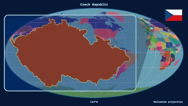 Cseh Köztársaságra Való Közelítés Perspektívákkal Egy Globális Térképpel Mollweide Projekcióban — Stock Fotó