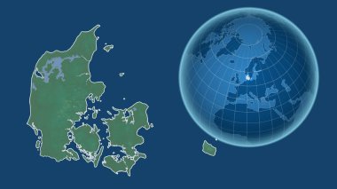 Danimarka. Yakınlaştırılmış haritaya karşı ülkenin şekline sahip dünya mavi arka planda izole edilmiş. topografik yardım haritası