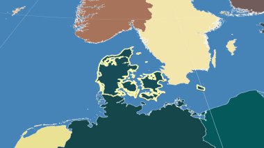 Danimarka ve komşuları. Uzak eğimli perspektif - şekil çizilmiş. idari bölümlerin renk haritası