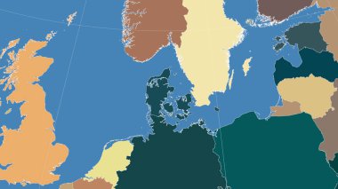 Danimarka ve komşuları. Uzak eğimli perspektif - özet yok. idari bölümlerin renk haritası