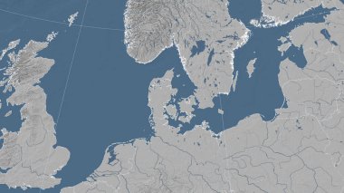 Danimarka ve komşuları. Uzak eğimli perspektif - özet yok. Gri tonlama yükseklik haritası
