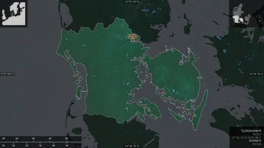 Syddanmark, Danimarka bölgesi. Göller ve nehirlerle renkli rahatlama. Ülke alanına karşı bilgilendirici örtülerle sunulan şekil. 3B görüntüleme