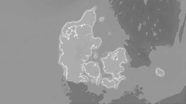 Stereografik projeksiyondaki gri ölçekli yükseltme haritasında Danimarka bölgesi - ışık saçan dış hatlı raster tabakalarının ham bileşimi