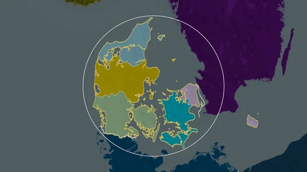 Denmark Zoomed Circled Colored Bumped Map Administrative Division Rendering — Stock Photo, Image