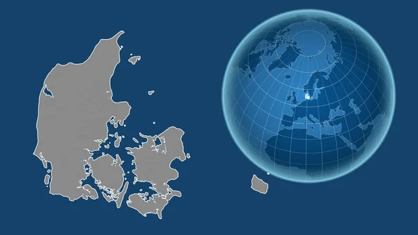 Danię Globus Kształcie Kraju Powiększonej Mapie Odizolowanym Zarysem Niebieskim Tle — Zdjęcie stockowe