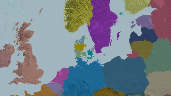 丹麦变大了 成为了邻居 绘制了行政区划的彩色和凸起的地图 3D渲染 — 图库照片