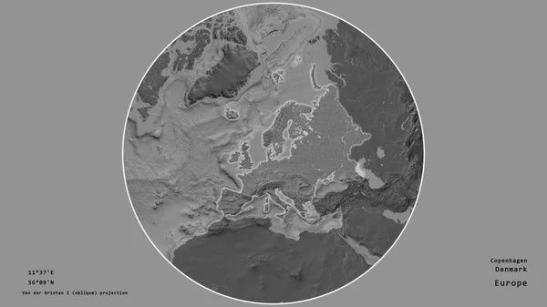 Área Dinamarca Centró Círculo Que Rodea Continente Sobre Fondo Desaturado — Foto de Stock