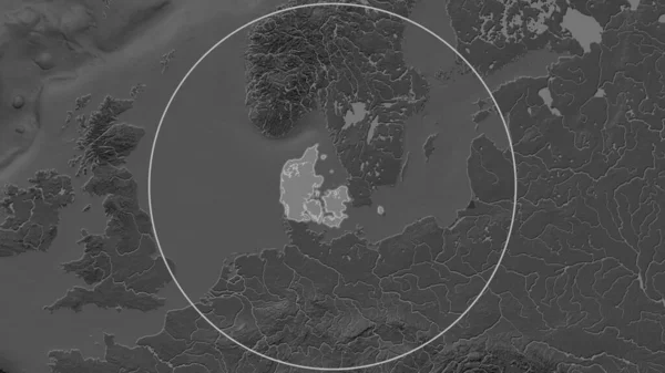 Poszerzony Obszar Danii Otoczony Okręgiem Tle Sąsiedztwa Dwupoziomowa Mapa Wysokości — Zdjęcie stockowe