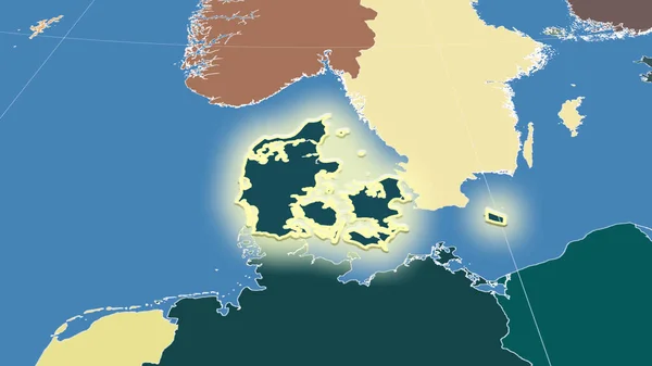 Dánsko Jeho Okolí Vzdálená Šikmá Perspektiva Zářil Tvar Barevná Mapa — Stock fotografie