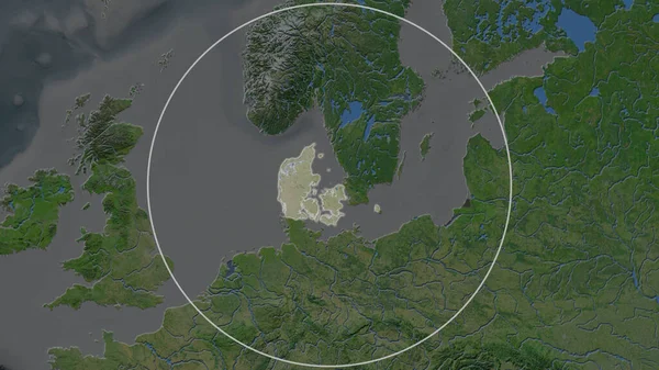 丹麦幅员辽阔的地区被周边的一个圆圈所包围 卫星图像 — 图库照片