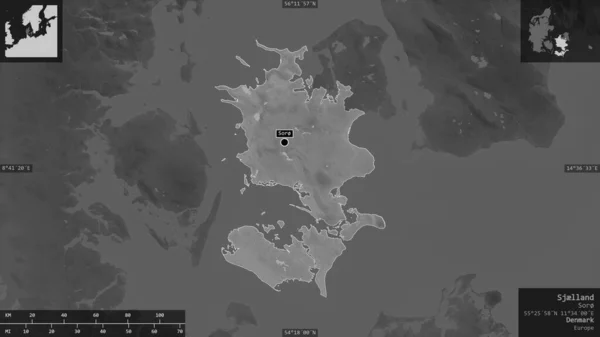 Sjclland Región Dinamarca Mapa Escala Grises Con Lagos Ríos Forma — Foto de Stock