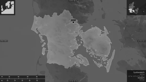 デンマーク デンマークの地域 湖や川とグレースケールの地図 有益なオーバーレイとその国の領域に対して提示形状 3Dレンダリング — ストック写真