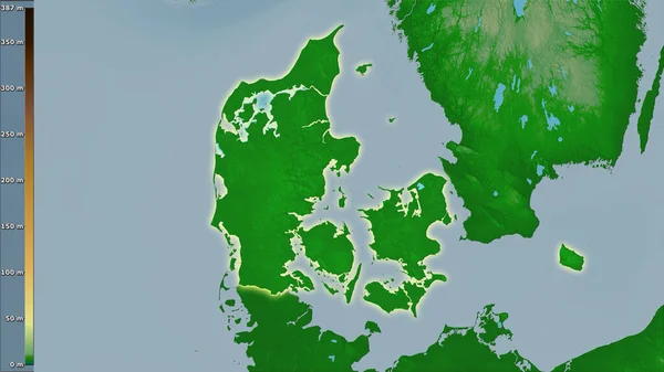 伝説のある立体投影のデンマークエリア内の物理的な地図 光輝く輪郭を持つラスター層の生の組成 — ストック写真