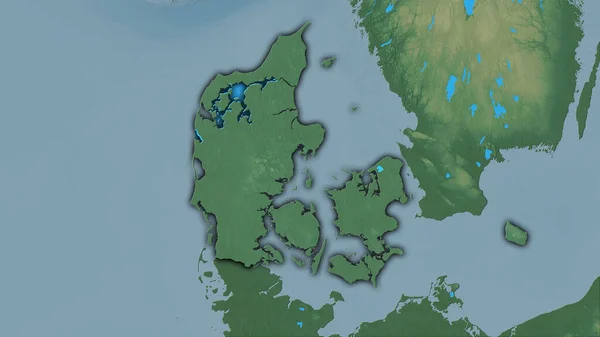 Denmark area on the topographic relief map in the stereographic projection - raw composition of raster layers with dark glowing outline