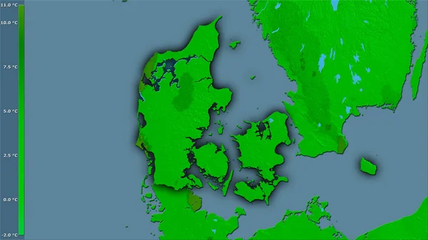 凡例付きの立体投影でデンマークエリア内で最も暖かい四半期の平均気温 暗い輝く輪郭を持つラスター層の生の組成 — ストック写真