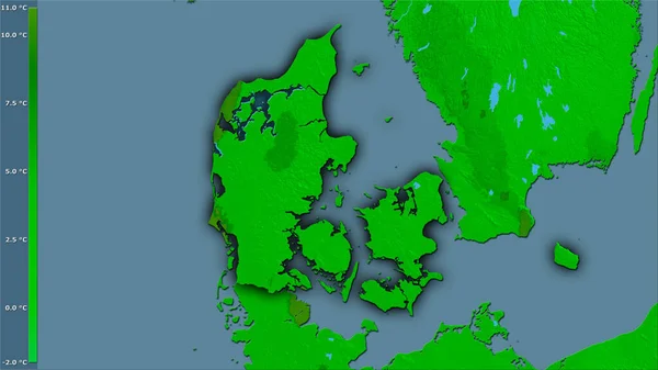 Średnia Temperatura Najcieplejszego Kwartału Rejonie Danii Projekcji Stereograficznej Legendą Surowa — Zdjęcie stockowe