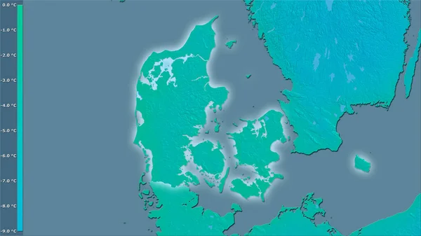 Minimum Temperature Coldest Month Denmark Area Stereographic Projection Legend Raw — Stock Photo, Image