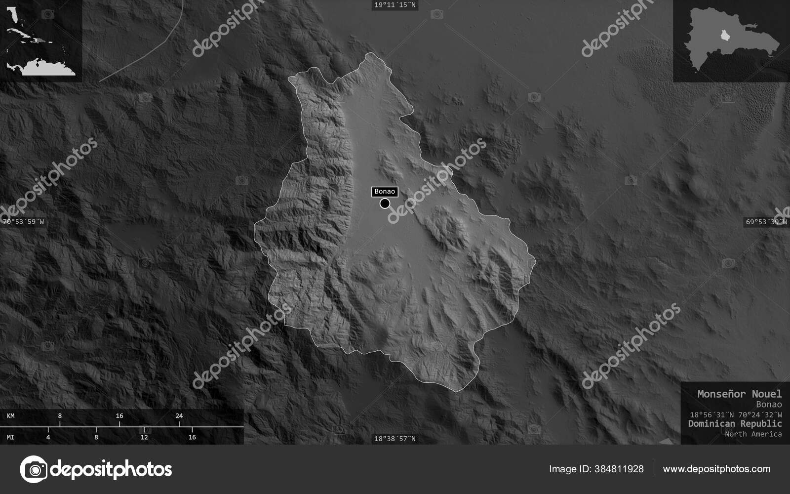Monsenor Nouel Province Dominican Republic Grayscaled Map Lakes Rivers