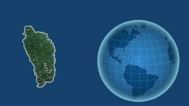 Dominica. Yakınlaştırılmış haritaya karşı ülkenin şekline sahip dünya mavi arka planda izole edilmiş. uydu resimleri