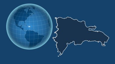 Dominicana. Yakınlaştırılmış haritaya karşı ülkenin şekline sahip dünya mavi arka planda izole edilmiş. Sadece şekiller - kara / okyanus maskesi