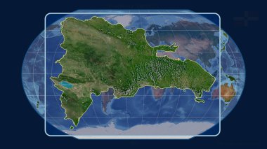 Dominicana 'nın, Kavrayskiy projeksiyonundaki küresel haritaya karşı perspektif çizgileriyle yakınlaştırılmış görüntüsü. Şekil merkezli. uydu resimleri