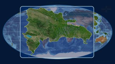 Mollweide projeksiyonundaki küresel bir haritaya karşı Dominicana 'nın perspektif çizgileriyle yakınlaştırılmış görüntüsü. Şekil merkezli. uydu resimleri