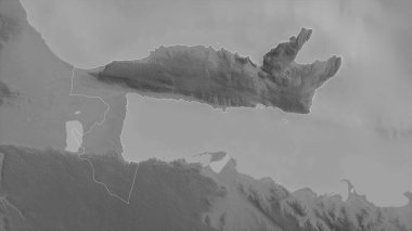 Samana, Dominik Cumhuriyeti ili. Gölleri ve nehirleri olan gri tonlu bir harita. Ülke alanına göre şekillendirilmiş. 3B görüntüleme