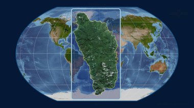 Dominica 'nın, Kavrayskiy projeksiyonundaki küresel bir haritaya karşı perspektif çizgileriyle yakınlaştırılmış görüntüsü. Şekil merkezli. uydu resimleri