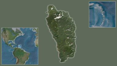 Dominica 'ya ve bölgedeki konumuna ve geniş çaplı bir dünya haritasının merkezine yakın çekim. Uydu görüntüleri