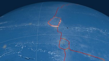 Paskalya tektonik plakası dünyaya yayıldı. topoğrafya ve batimetri renkli yükseklik haritası. 3B görüntüleme
