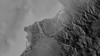 Esmeraldas, Ekvador vilayeti. Gölleri ve nehirleri olan gri tonlu bir harita. Ülke alanına göre şekillendirilmiş. 3B görüntüleme