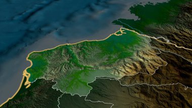 Esmeraldas - Ekvador vilayeti yakınlaştırıldı ve altı çizildi. Ana fiziksel manzara özellikleri. 3B görüntüleme