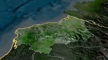 Esmeraldas - Ekvador vilayeti yakınlaştırıldı ve altı çizildi. Uydu görüntüleri. 3B görüntüleme