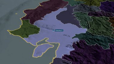 Guayas - Ekvador vilayeti sermaye ile yakınlaştırıldı ve vurgulandı. İdari bölümün renkli ve çarpık haritası. 3B görüntüleme