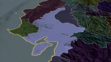 Guayas - Ekvador vilayeti yakınlaştırıldı ve altı çizildi. İdari bölümün renkli ve çarpık haritası. 3B görüntüleme