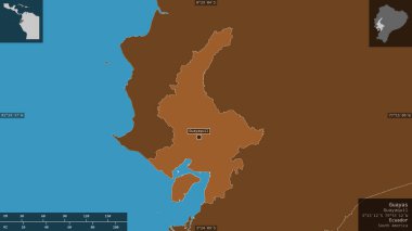 Guayas, Ekvador vilayeti. Gölleri ve nehirleri olan katı yapılar. Ülke alanına karşı bilgilendirici örtülerle sunulan şekil. 3B görüntüleme