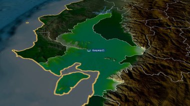 Guayas - Ekvador vilayeti sermaye ile yakınlaştırıldı ve vurgulandı. Ana fiziksel manzara özellikleri. 3B görüntüleme