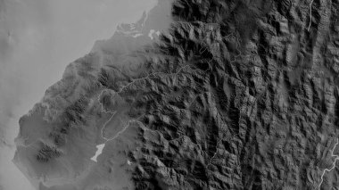 Loja, Ekvador vilayeti. Gölleri ve nehirleri olan gri tonlu bir harita. Ülke alanına göre şekillendirilmiş. 3B görüntüleme