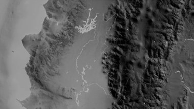 Los Rios, Ekvador vilayeti. Gölleri ve nehirleri olan gri tonlu bir harita. Ülke alanına göre şekillendirilmiş. 3B görüntüleme