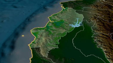 Manabi - Ekvador vilayeti yakınlaştırıldı ve altı çizildi. Ana fiziksel manzara özellikleri. 3B görüntüleme