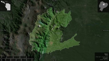 Napo, Ekvador vilayeti. Uydu görüntüleri. Ülke alanına karşı bilgilendirici örtülerle sunulan şekil. 3B görüntüleme