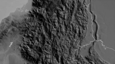 Zamora Chinchipe, Ekvador vilayeti. Gölleri ve nehirleri olan gri tonlu bir harita. Ülke alanına göre şekillendirilmiş. 3B görüntüleme